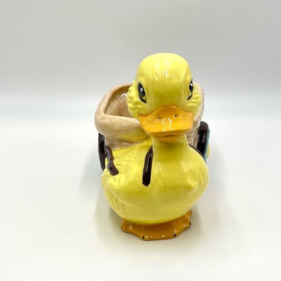 Vintage Ceramic Planter Yellow Duck Pulling Wicker Cart Blue Flower Daisy Wheels - Picture 2 of 11
